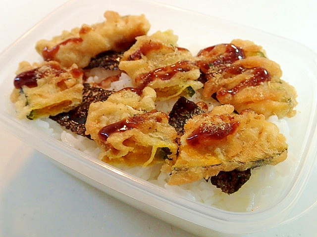 お弁当　味付海苔と南瓜天ぷらのご飯