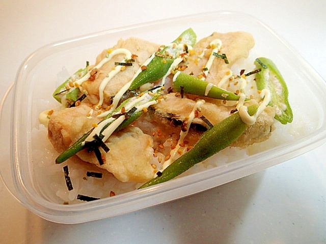 お弁当　南瓜の天ぷらとオクラののりたまマヨご飯