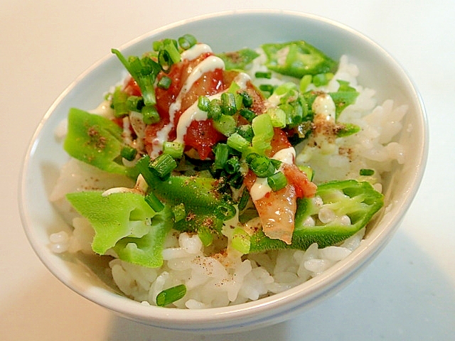 花椒塩マヨで　オクラとキムチと葱のご飯