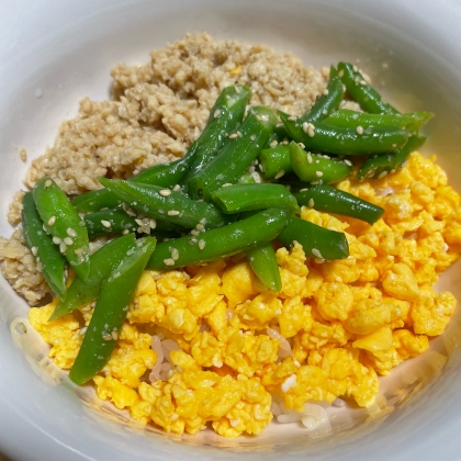 鶏そぼろと卵、いんげんの3食丼♡