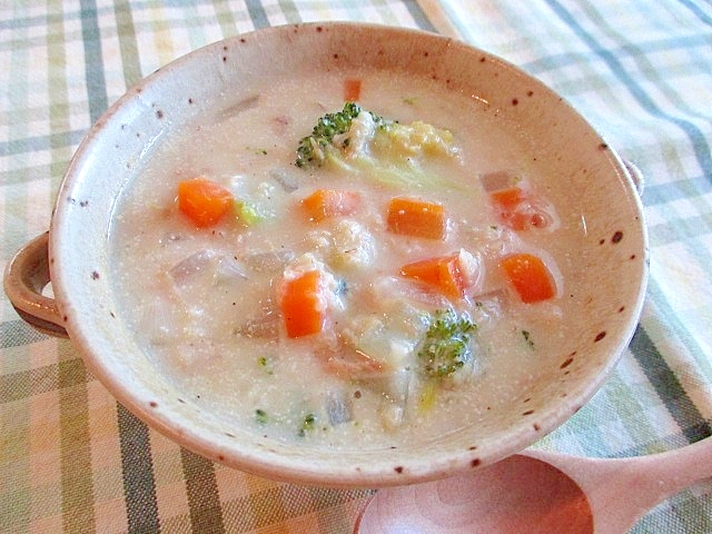 オートミールとツナと野菜のとろとろ豆乳スープ♪