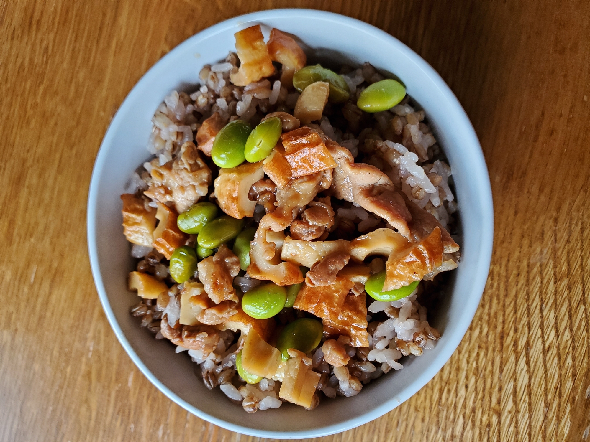 ちくわと豚肉と枝豆の甘辛どんぶり