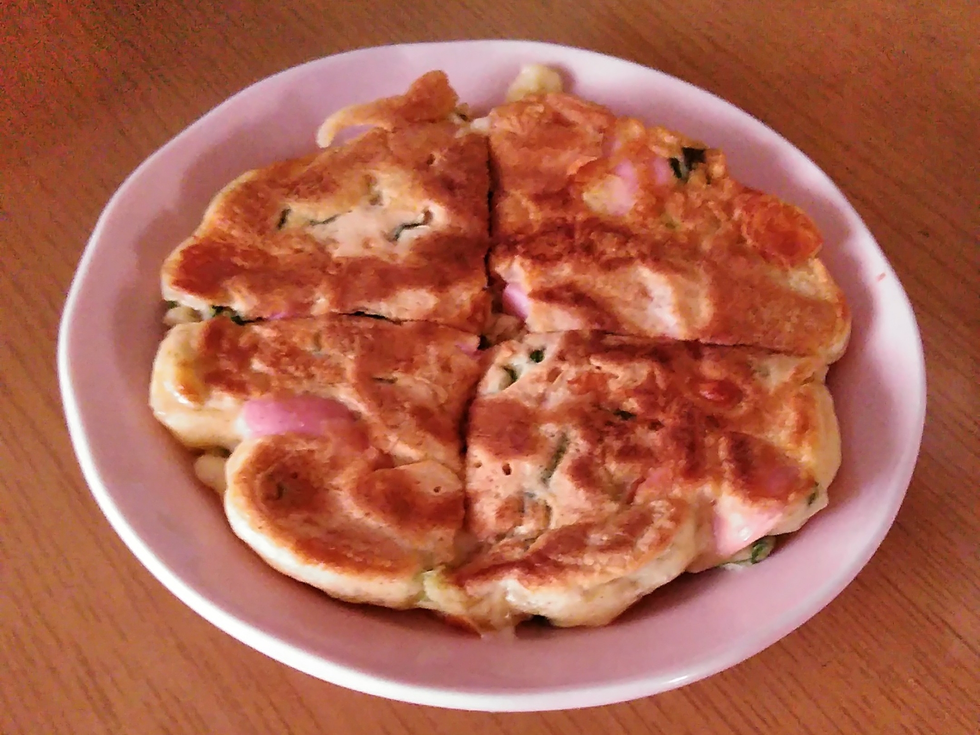 魚肉ソーセージとチーズとネギのお好み焼き