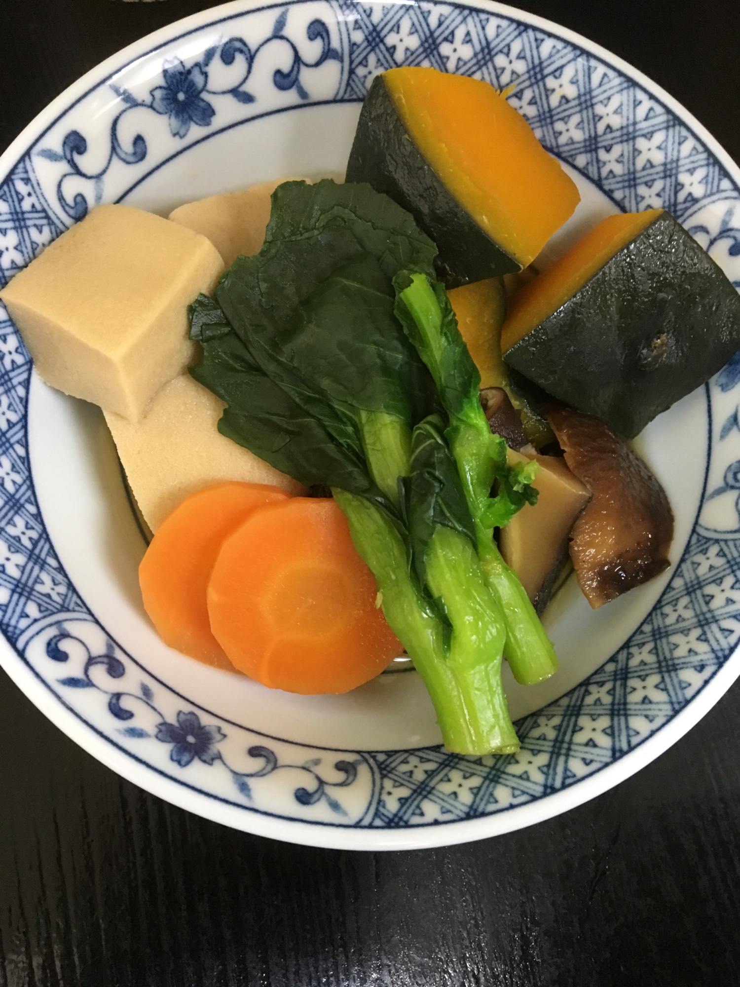 菜の花で彩り♡かぼちゃと高野豆腐と干し椎茸の含め煮