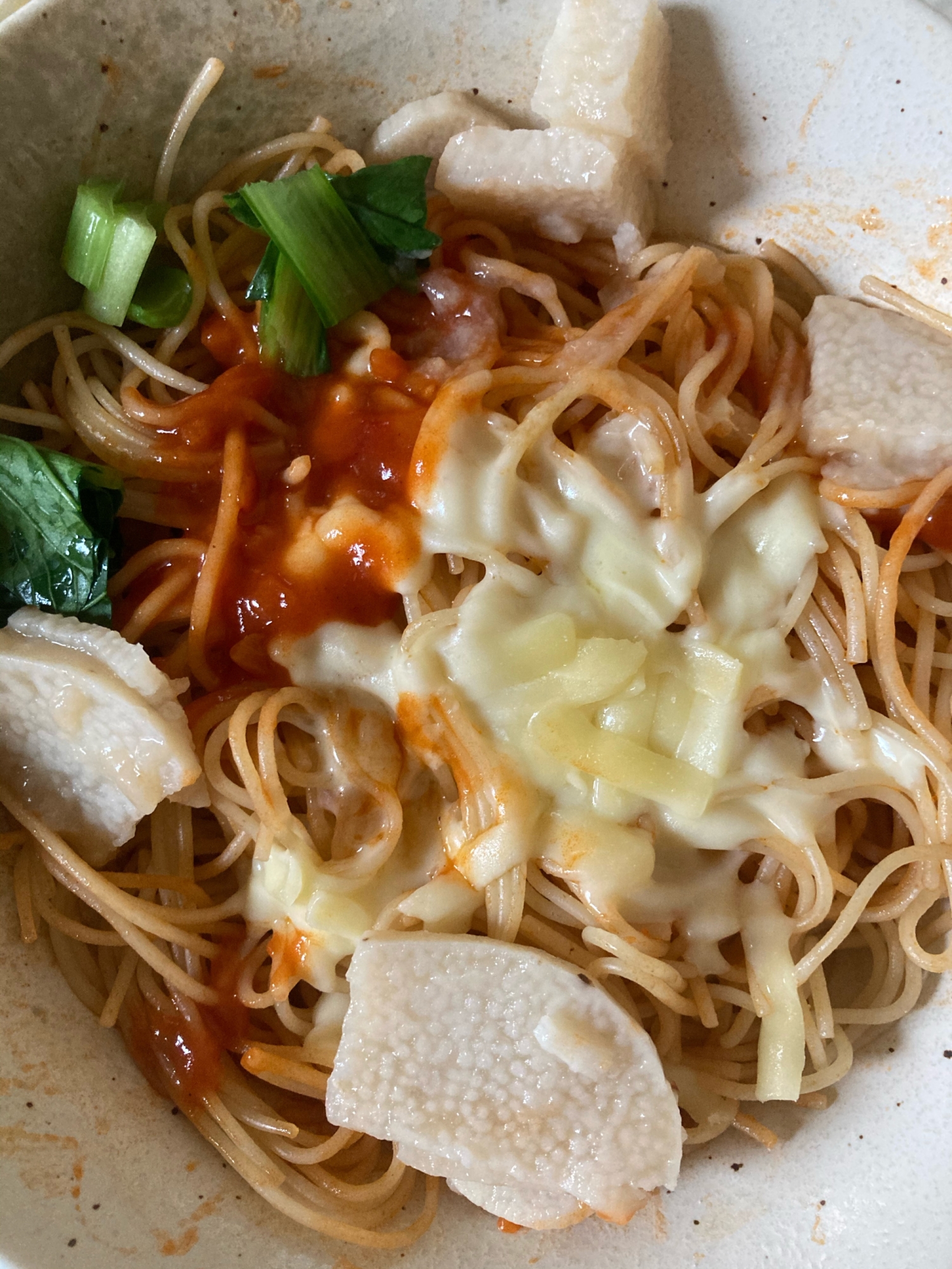 長芋と小松菜のミートソースパスタ