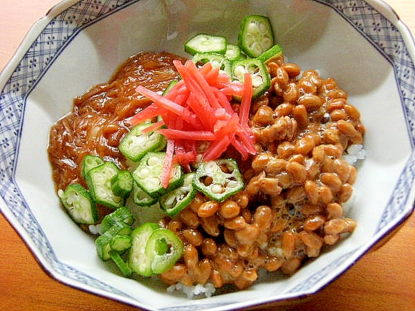 ５分でヘルシー❤なめ茸＆オクラの納豆丼♪