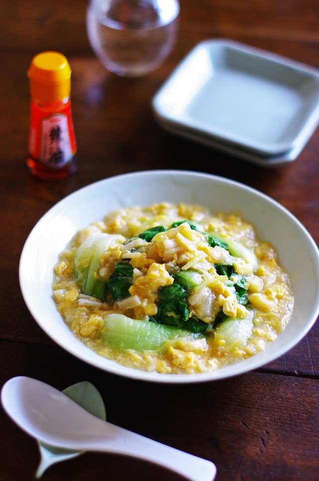 青梗菜の生姜香るホタテとフワ卵のあんかけ