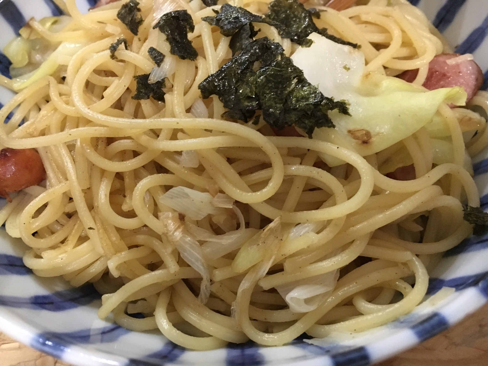 キャベツと白ネギの和風パスタ。