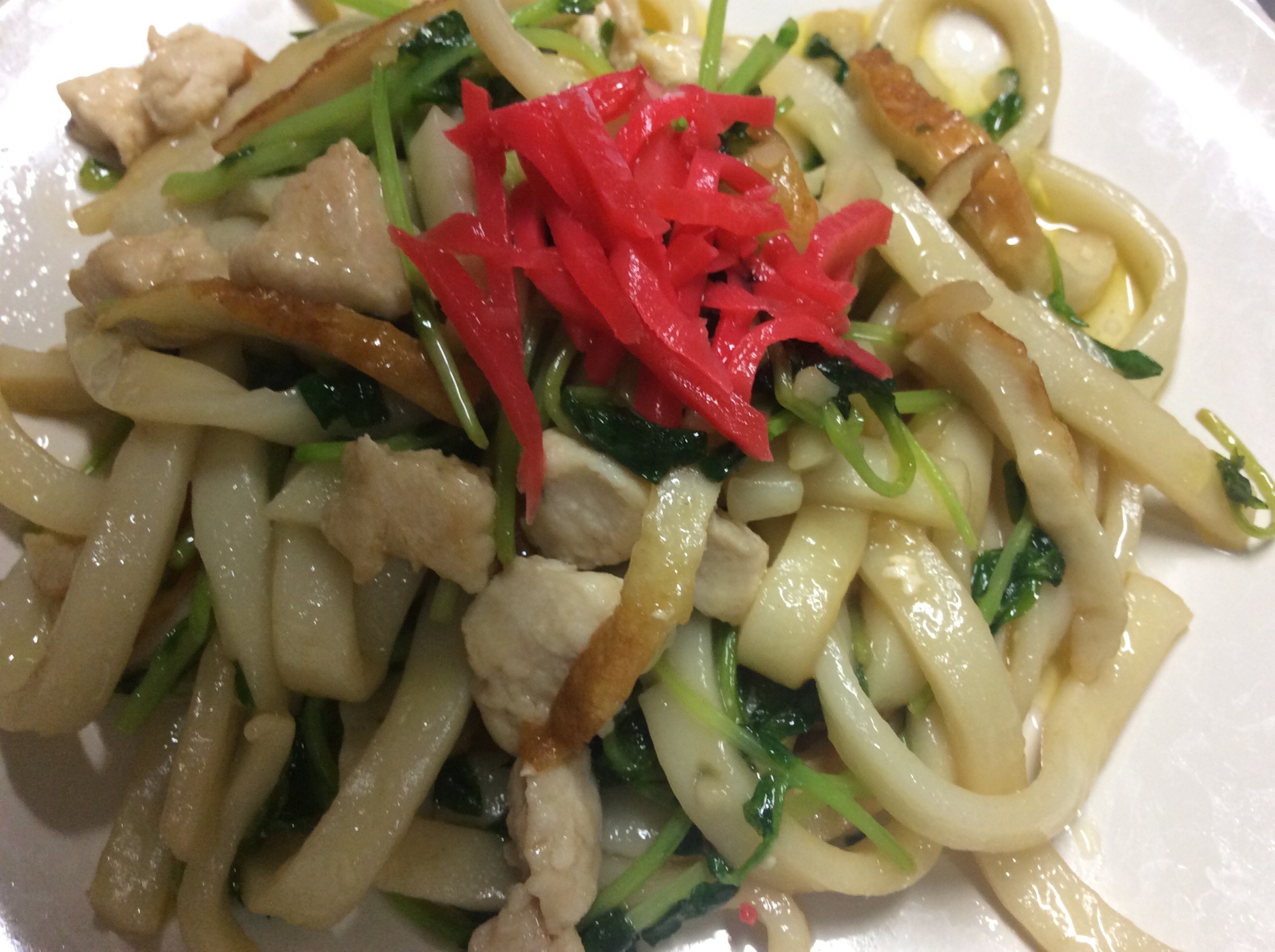 豆苗と鶏肉のバター醤油焼きうどん