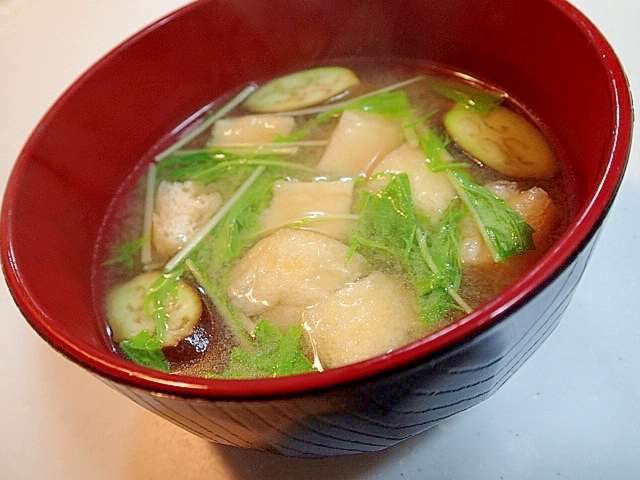 貝だしで　茄子と大名あげと水菜のお味噌汁