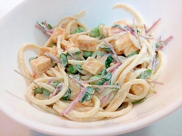 玉子焼きと塩ゆで枝豆と紅かいわれ大根のサラダパスタ