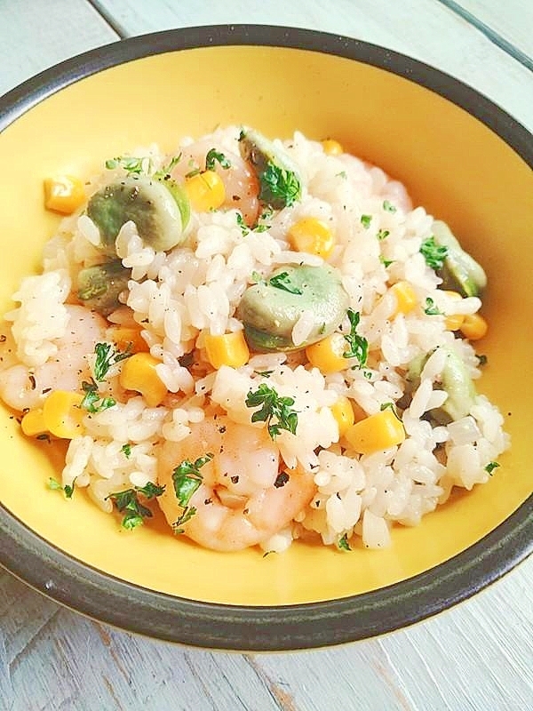 空豆と海老のピラフ