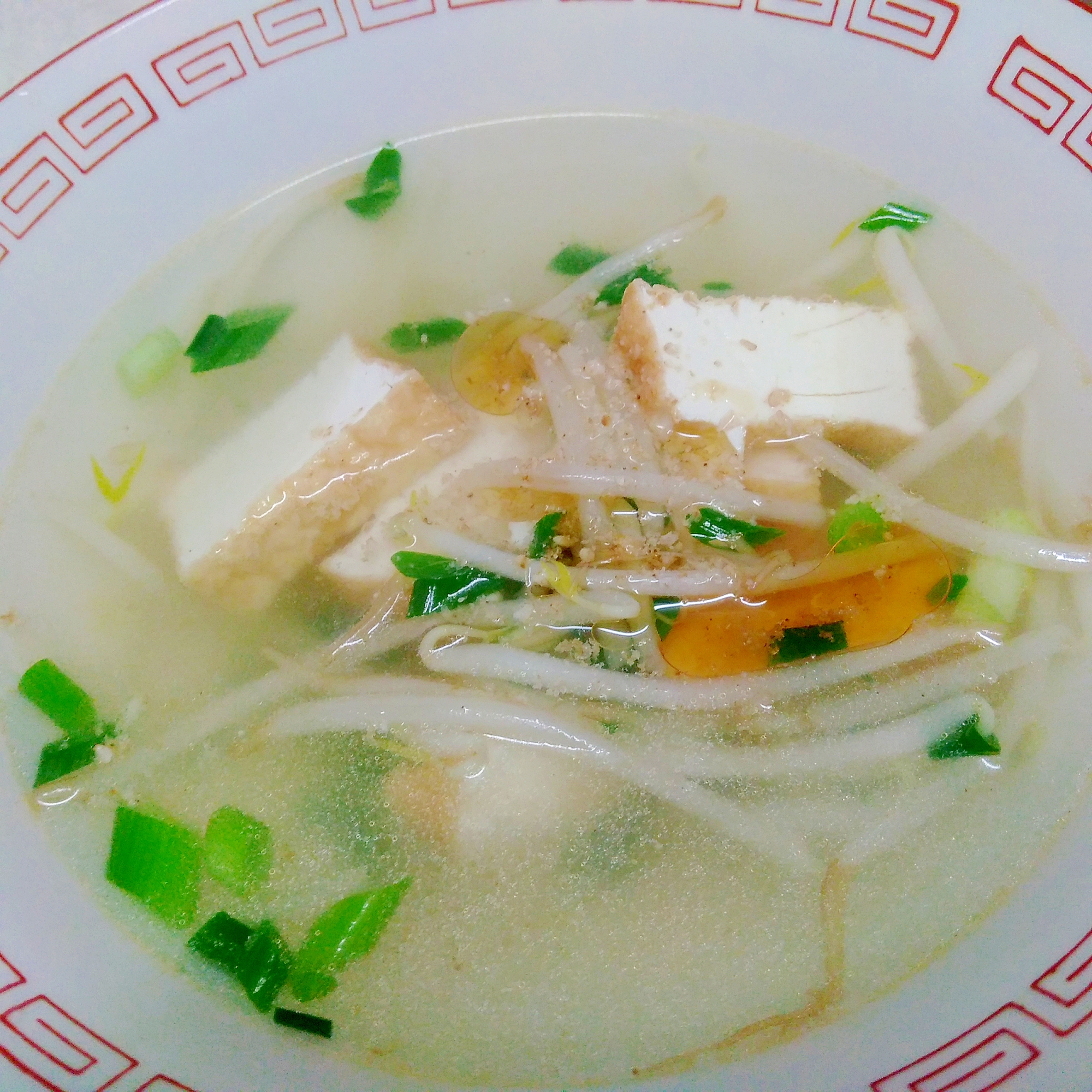 もやしと厚揚げの塩ラーメン風スープ