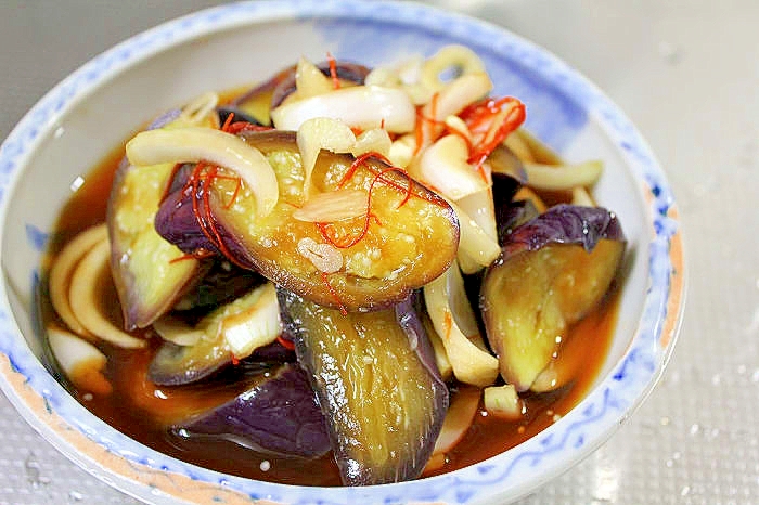 レンジ茄子の酢醤油漬け