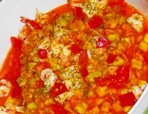 プリプリ海老と水茄子の冷製トマトソースカッペリーニ