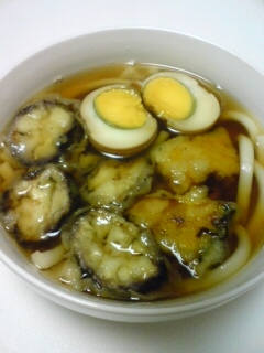 煮卵とナスの天ぷらのうどん
