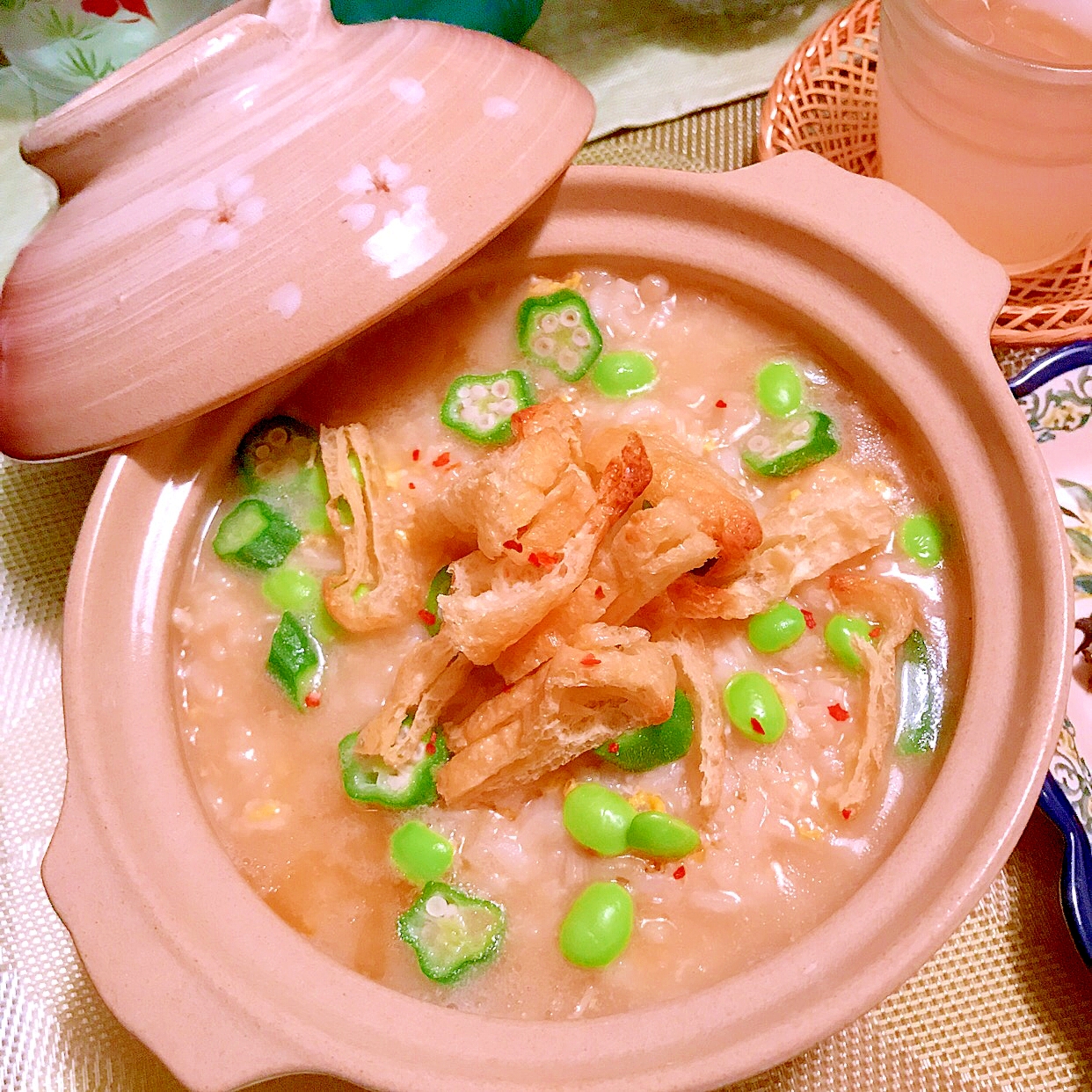 豚しゃぶ残り汁で夏野菜とお揚げの雑炊