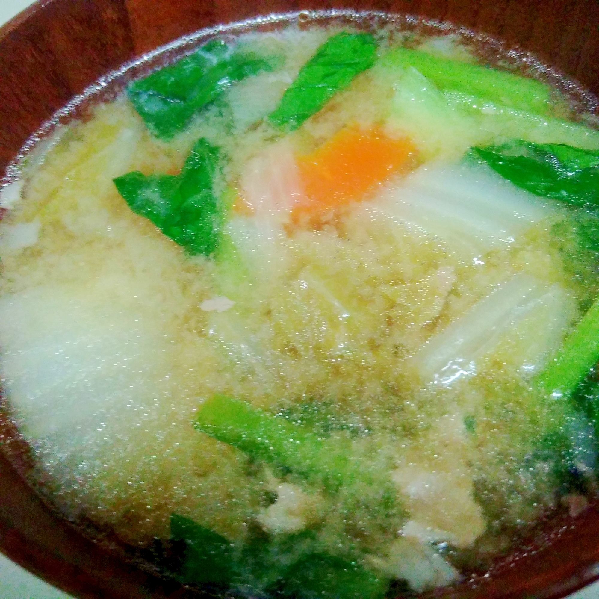 小松菜と白菜と人参、豚肉の中華風味噌スープ