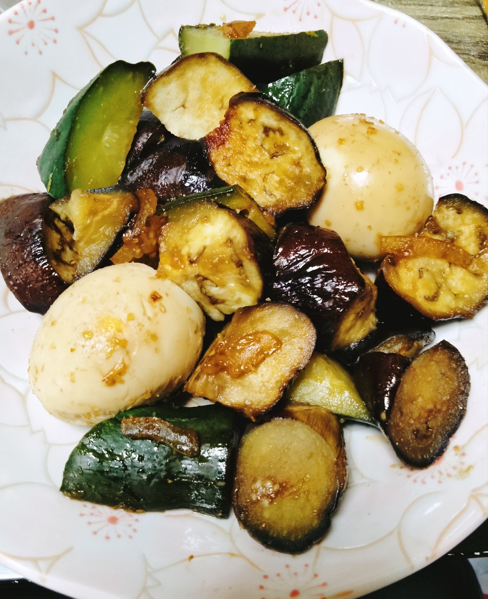 茹で玉子と茄子とキュウリの鶏出汁柚子ジャム煮