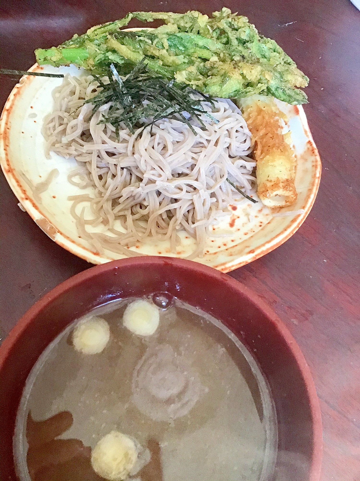 蕎麦湯入りつけ汁de春菊天とチクワ天の盛り蕎麦