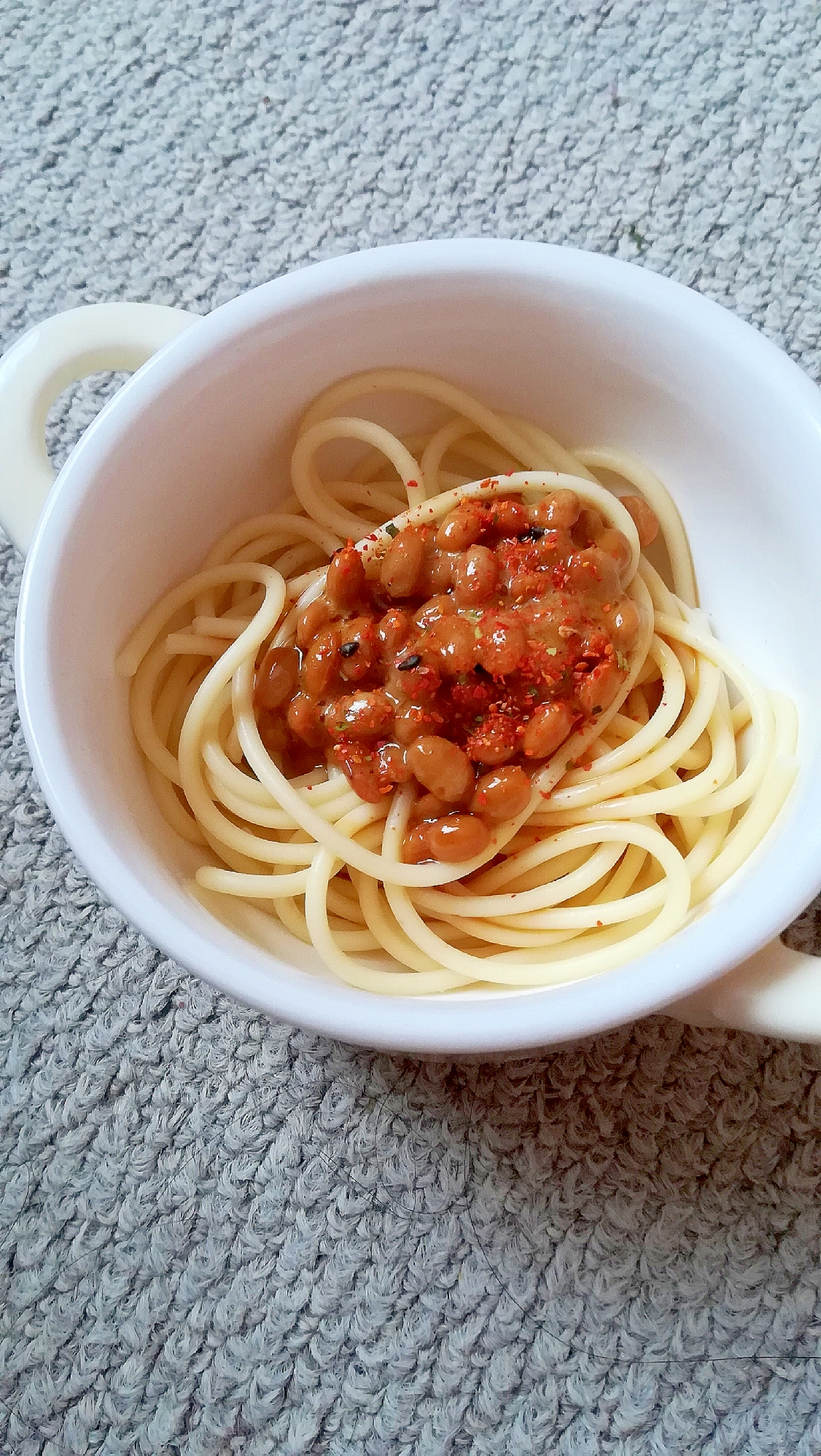 ずぼらレシピ☆七味唐辛子の納豆パスタ