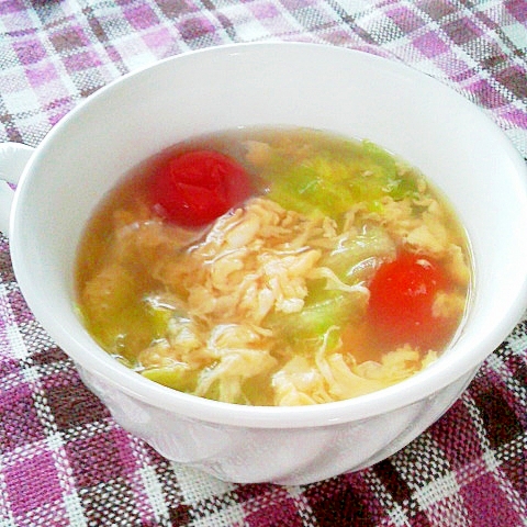 ササッと出来る☆プチトマト・レタスのかき玉スープ