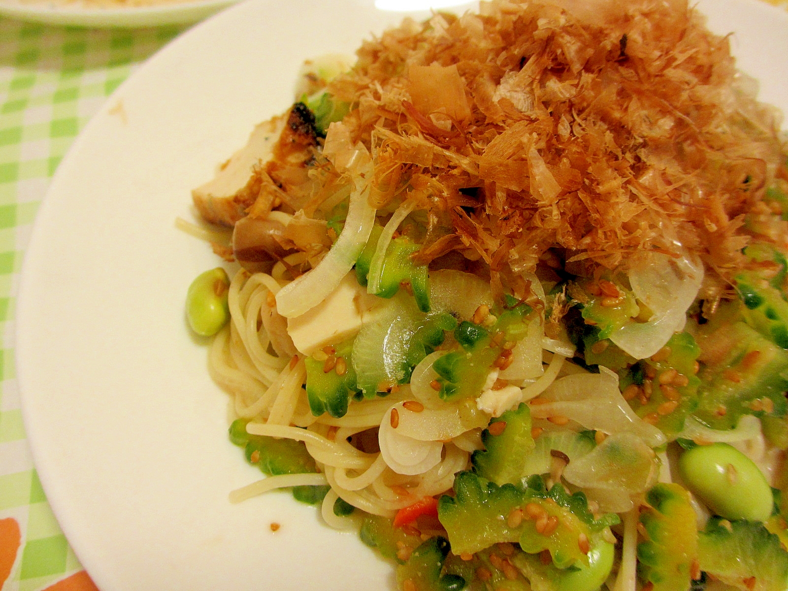 厚揚げとゴーヤの和風パスタ