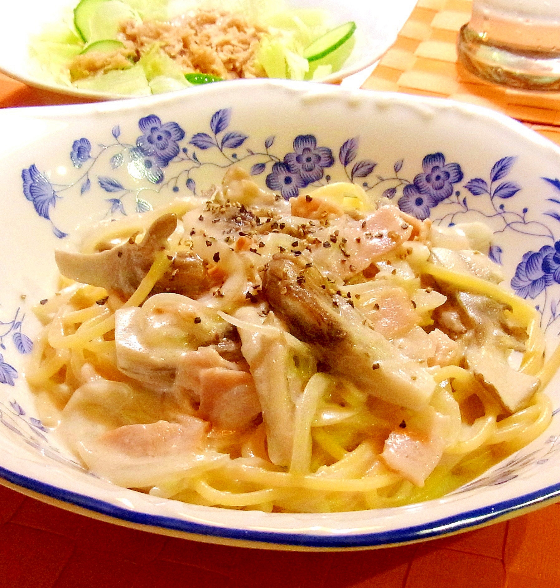 舞茸とベーコンのチーズクリームパスタ