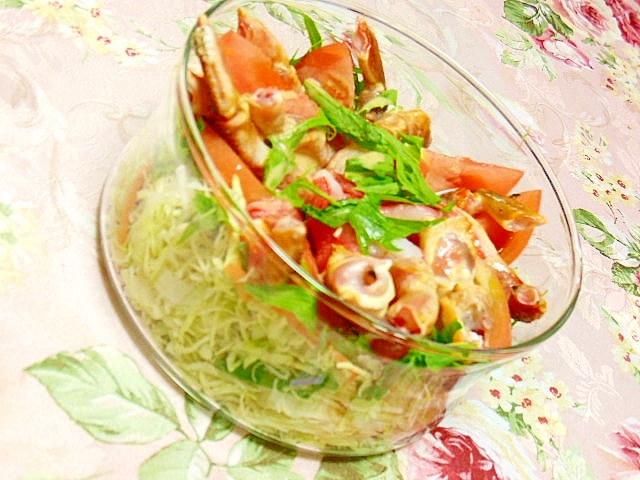 ぷち豪華に❤蟹とキャベツと水菜人参のゴマドレサラダ
