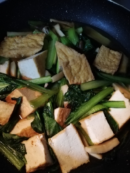 私は厚揚げが食べたくて作りました。存在隠してますが、エリンギも投入して食感も楽しめました。小松菜の常備菜レシピに使わせていただきます。