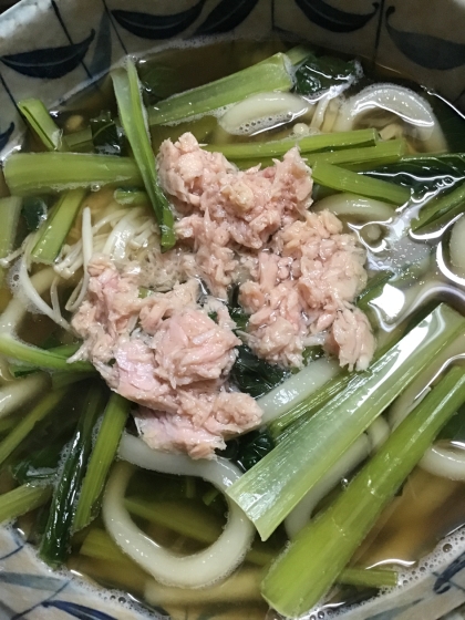 小松菜、えのき、鮭フレークのうどん