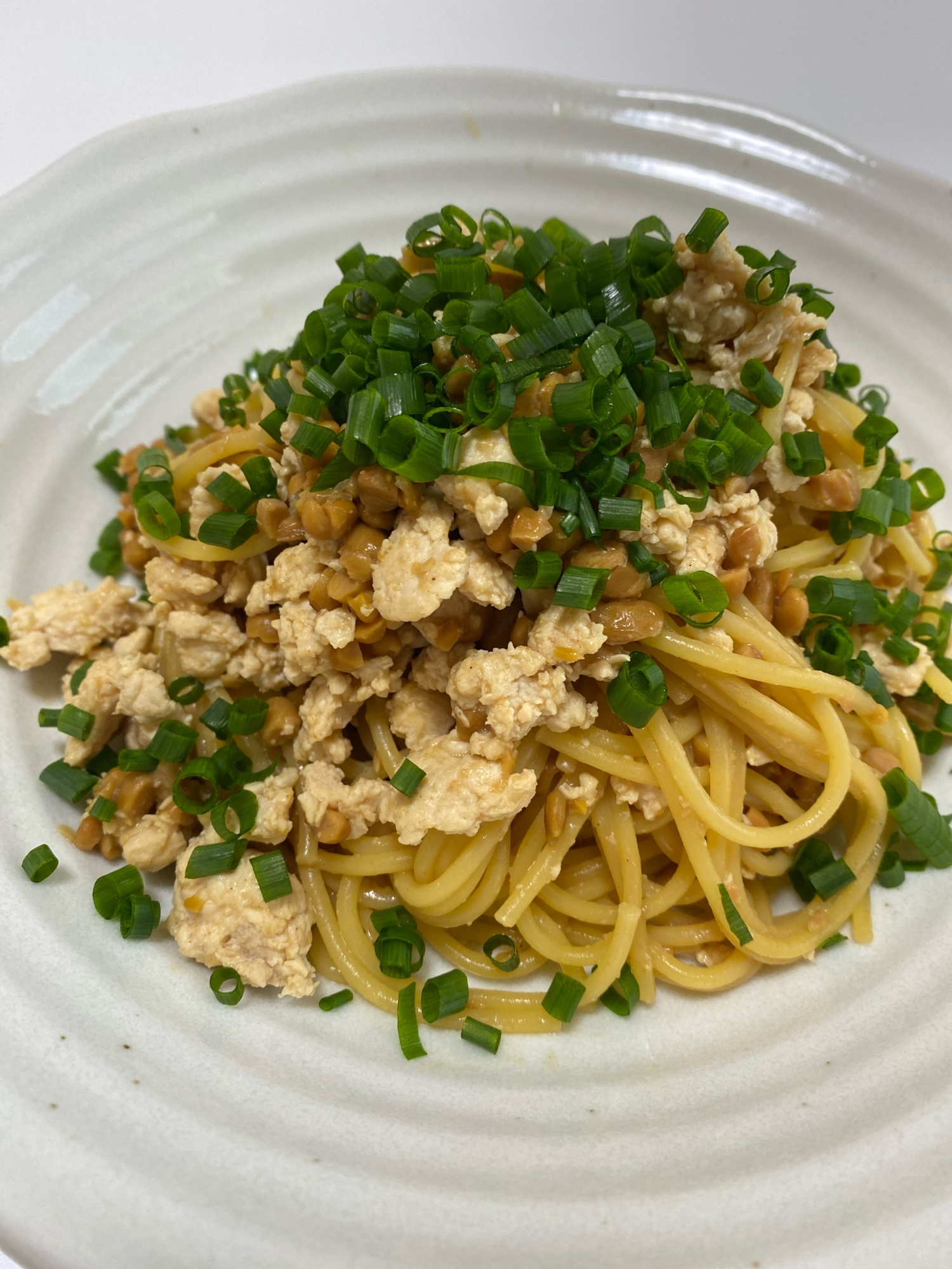 納豆と鶏肉の和風お味噌パスタ