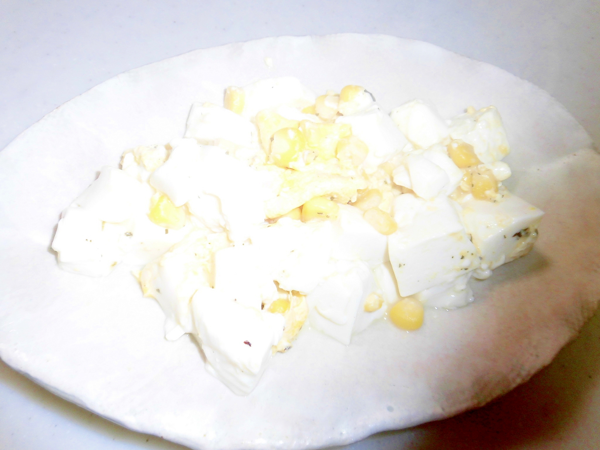 コーンと炒り卵豆腐酢バジル味
