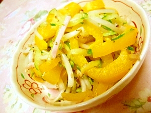 御野菜食べよ❤パプリカ胡瓜とモヤシハムの中華和え
