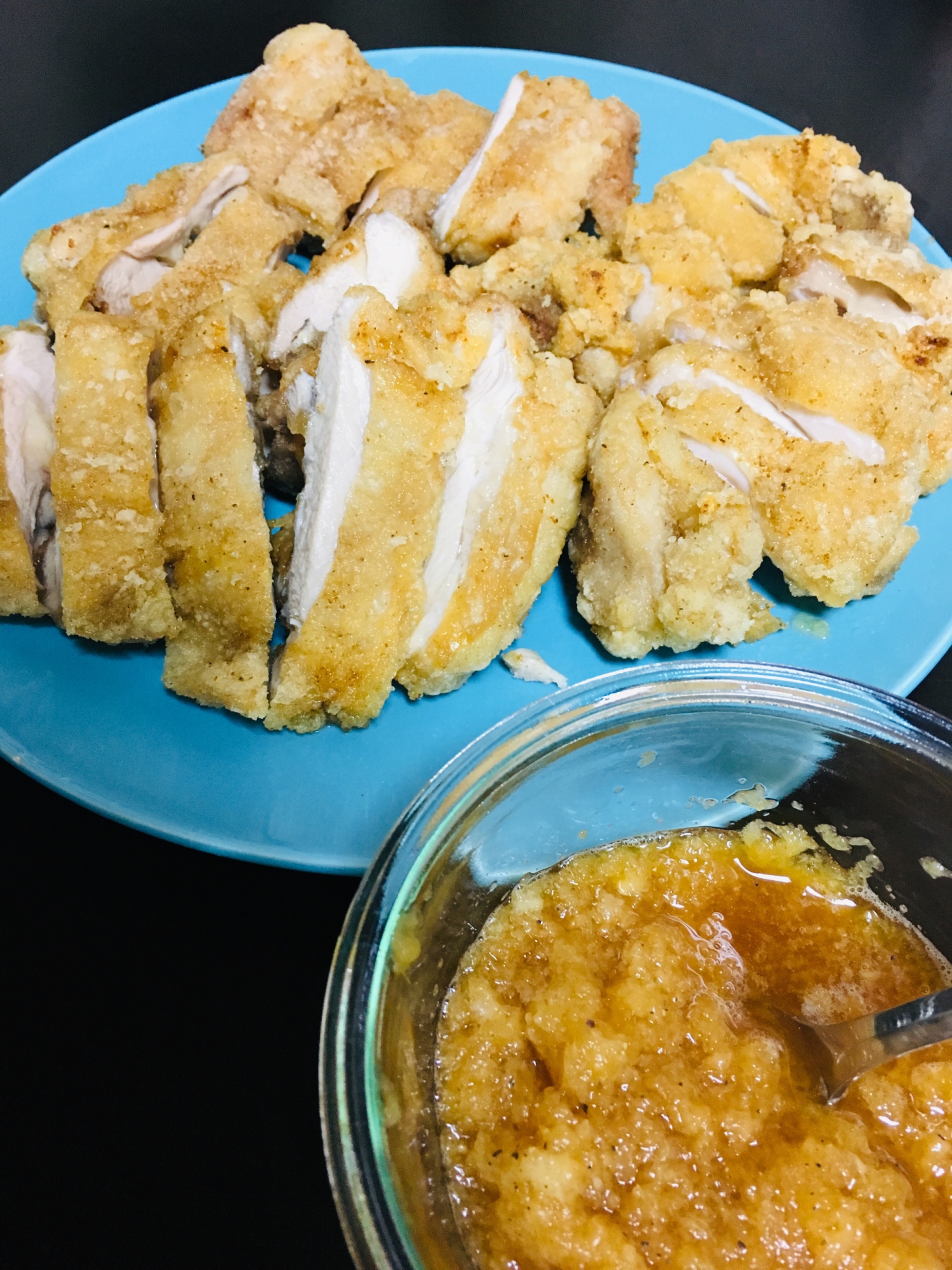 ジューシー鶏モモ唐揚げ！柚子ポン酢おろしソース。