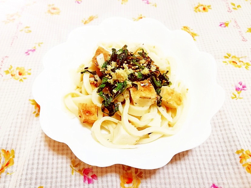 大根葉のふりかけと厚揚げのあっさり和風パスタ