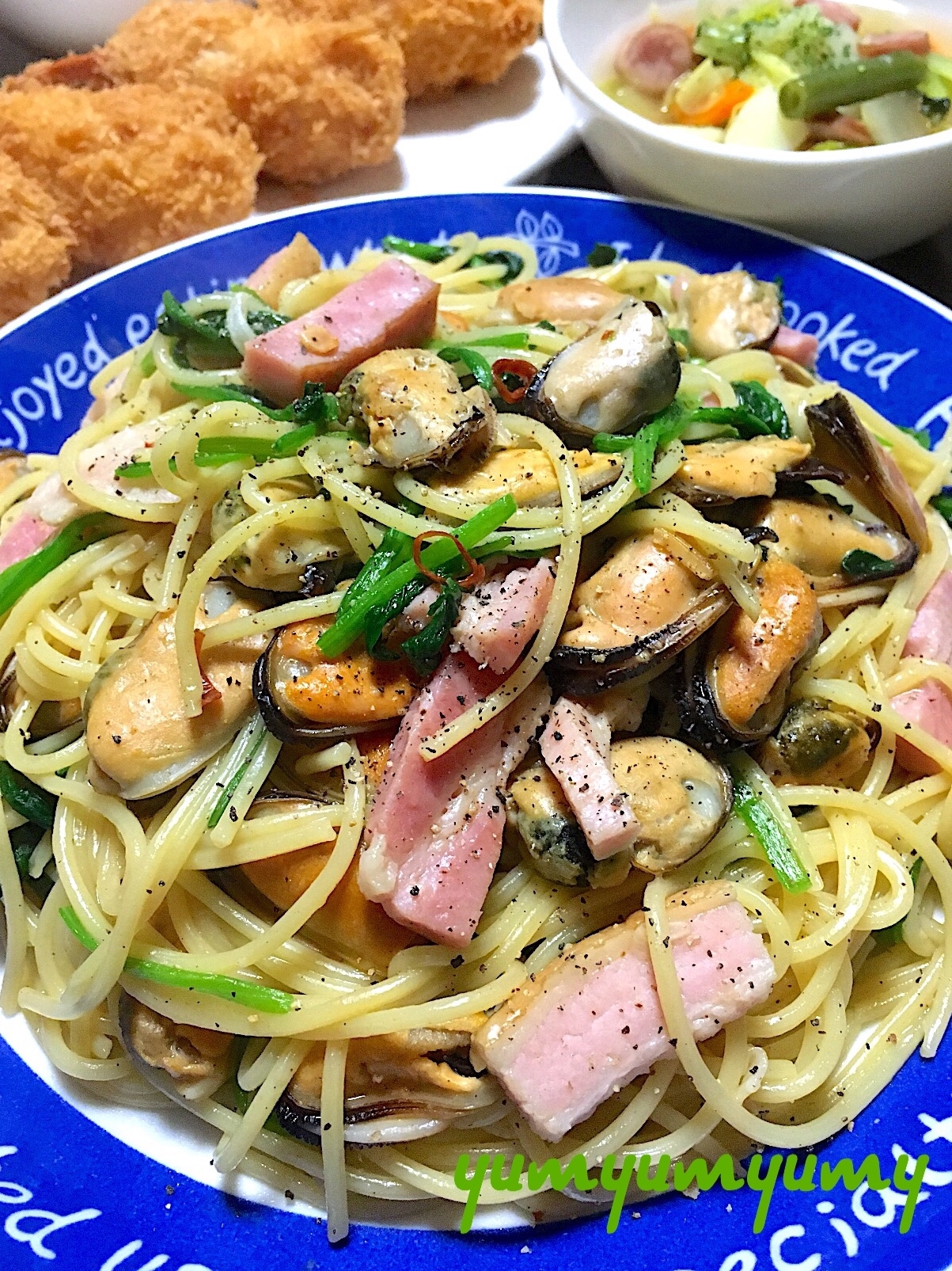 ムール貝とベーコンのパスタです☆手軽にちょい贅沢♪