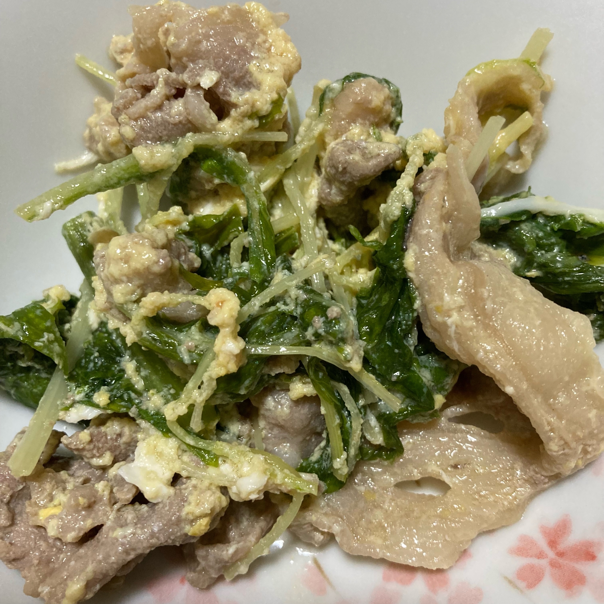 水菜と豚肉の卵とじ