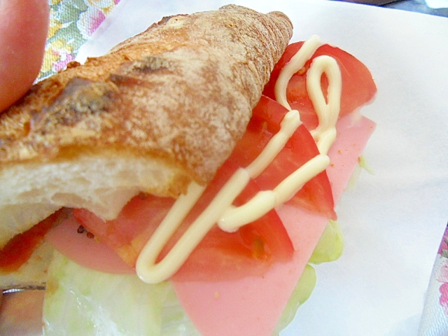 フランスパンでハム野菜サンドイッチ