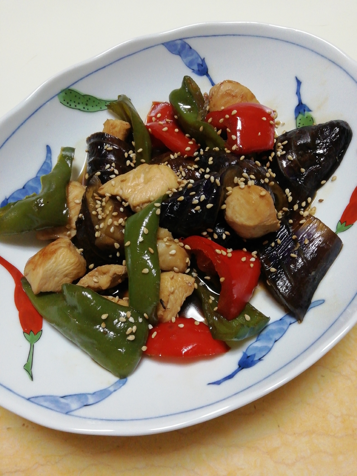 なすと鶏肉とピーマンの煮浸し