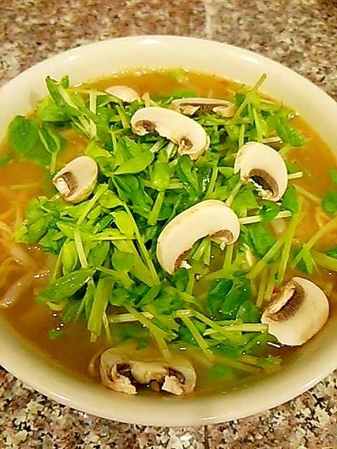 豆苗とマッシュルームのミニチキンラーメン