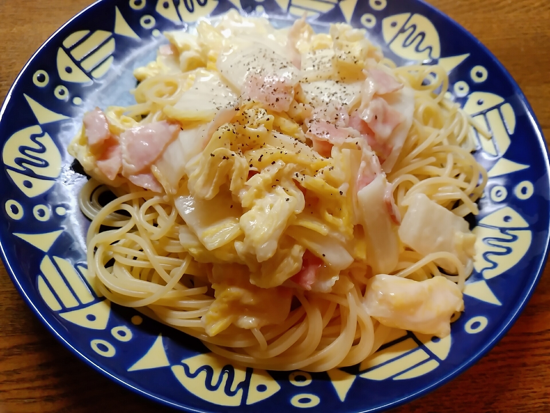 白菜とベーコンのクリームパスタ