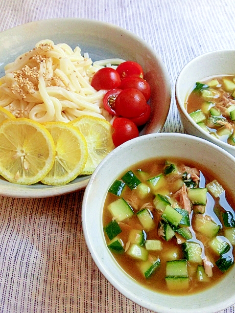 冷凍うどんで♪ツナきゅうたれの冷やしつけうどん✿