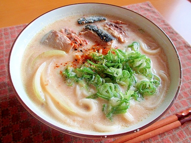 サバ缶で簡単!豆乳味噌煮込みうどん♪