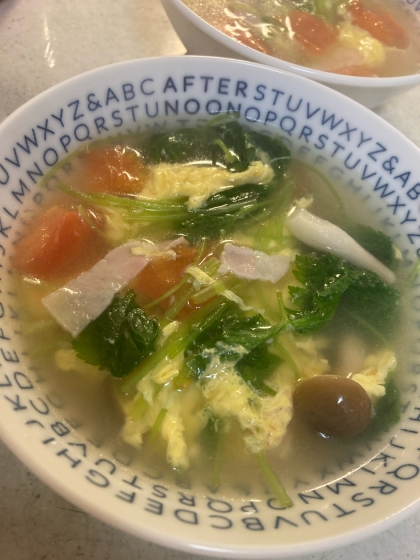 彩りキレイ♡超特急♡三つ葉とトマトのかきたまスープ