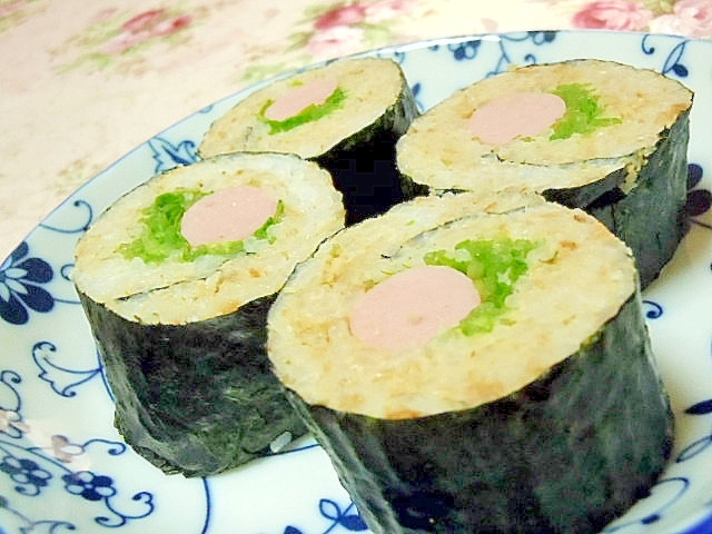 ❤そぼろと豆苗と魚肉ソーセージの巻き寿司❤