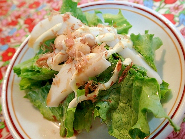 青じそぽん酢♡マヨで　レタスと蒲鉾と大豆のサラダ♬