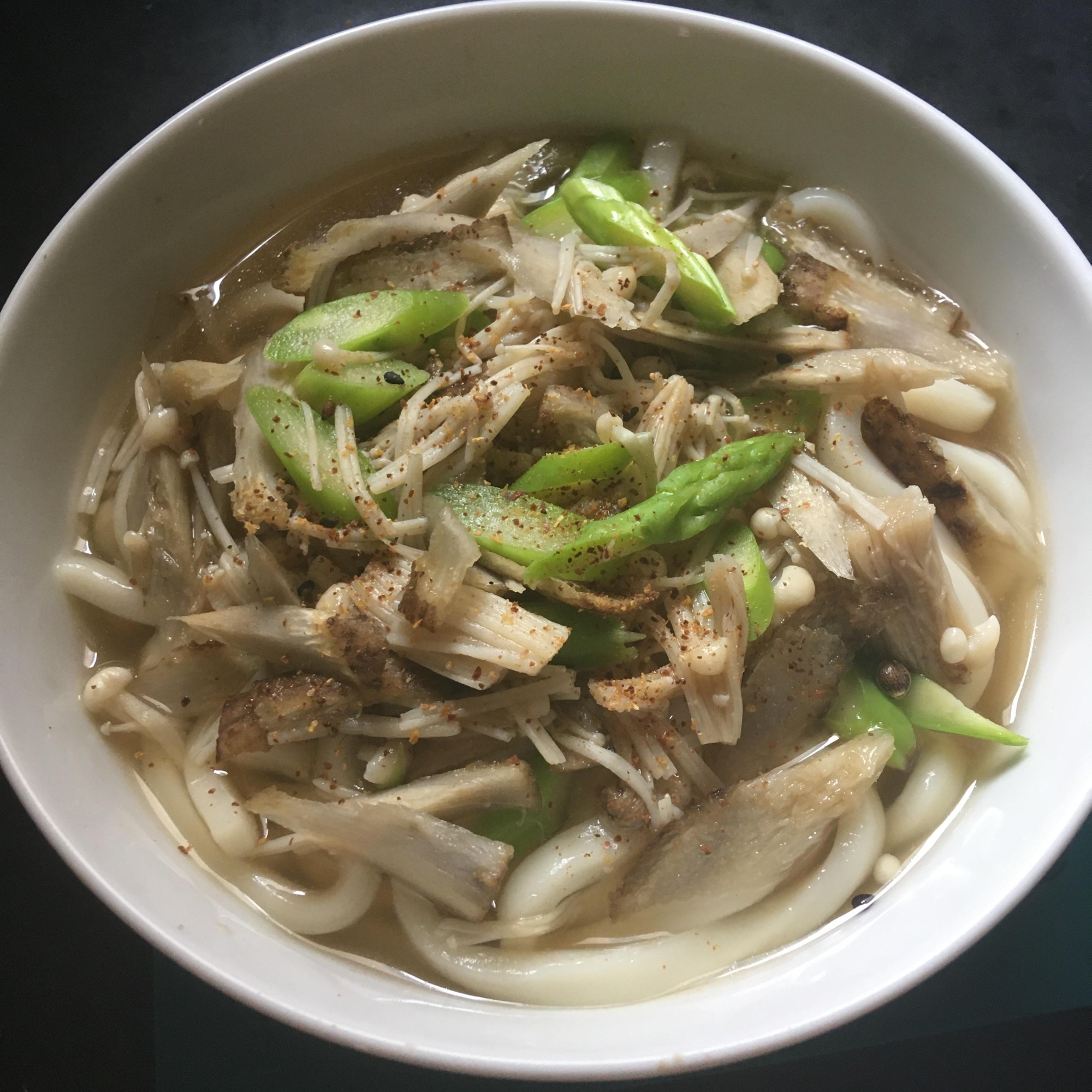 えのき、アスパラ、ごぼう、かけうどん