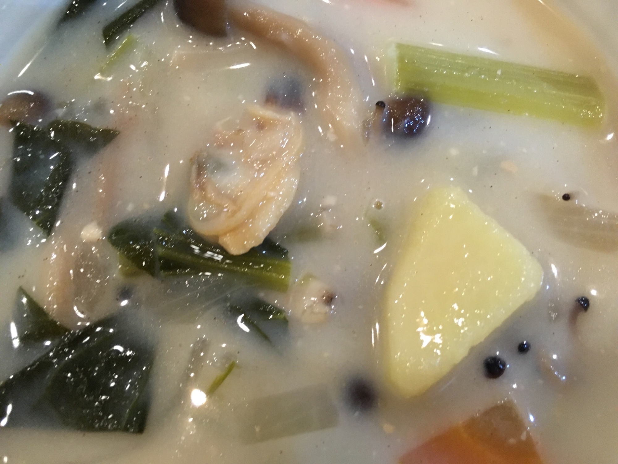 小松菜とじゃが芋と玉ねぎとしめじとあさりのシチュー