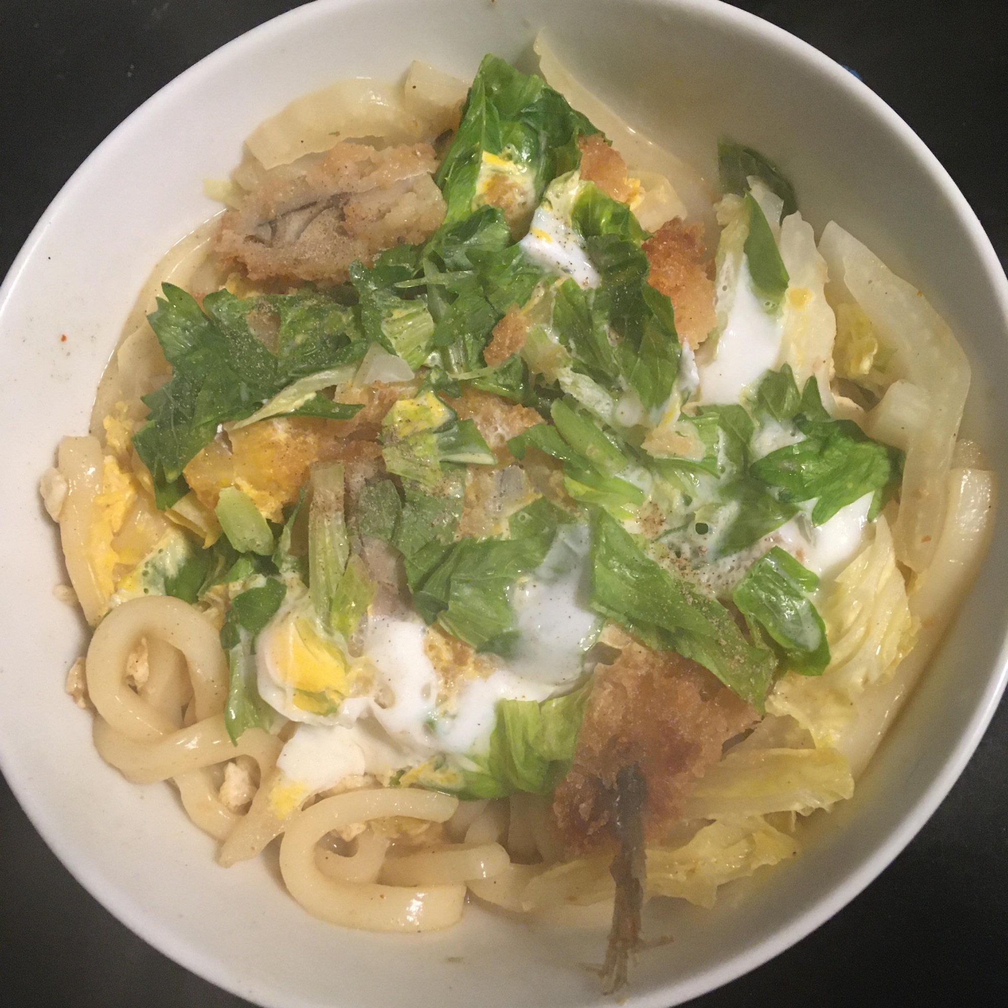 白菜、セロリ、アジフライ卵うどん